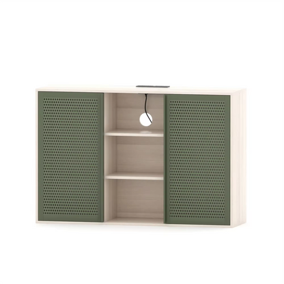 White Wooden Tv Console With Green Rattan Door