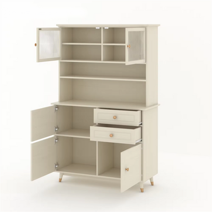 High Dining White Pantry Cabinet Storage Hutch With Reed Glass Doors